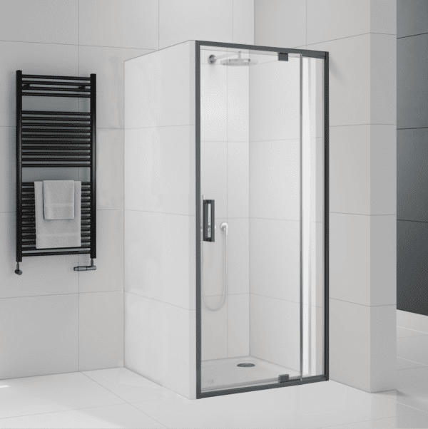 1000 x 1000 Alcove Shower adjustable door - Black frame rear right waste