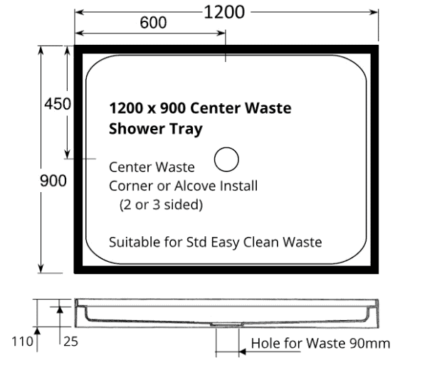 Rectangle shower 1200 x 900 tray 4 lip center waste dimensions