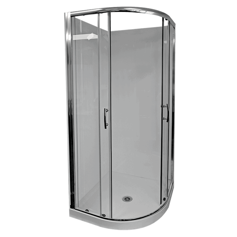 Curved Collesium enclosure 360° full-perimeter upstand tray 900 center waste Flat walls IMG_2b
