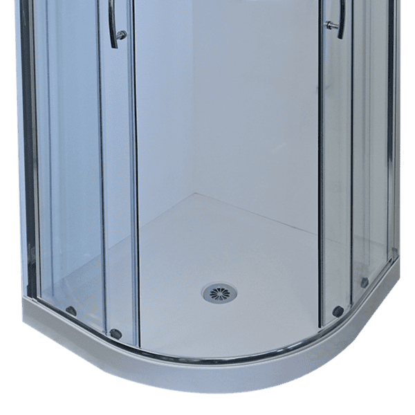 Curved shower enclosure 360° full-perimeter upstand tray 900 center waste close up flat liner