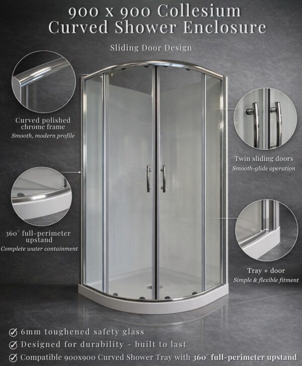 Curved shower enclosure 360° full-perimeter upstand tray 900 center waste